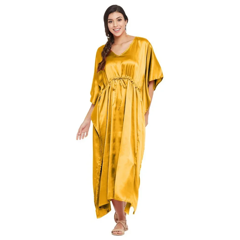 Women Plus Size Fit and Flare Yellow Kaftan Solid Maxi Dress by Gypsie Blu_6